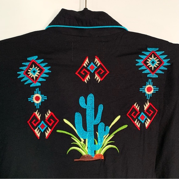 Scully Women Cactus Embroidered Pearl Snap Western Shirt Sz S Black Long Sleeve - Picture 9 of 12